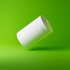 White monochrome alkaline battery isolated over green background. Monochrome concept. 3D rendering.
