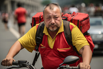 A man rides a scooter with a red thermal box on his back while working to deliver goods in the city