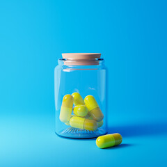 Yellow antibiotic pill capsules in a glass pill bottle with closed cap isolated over blue background. Healthcare and medical concept. 3D rendering.