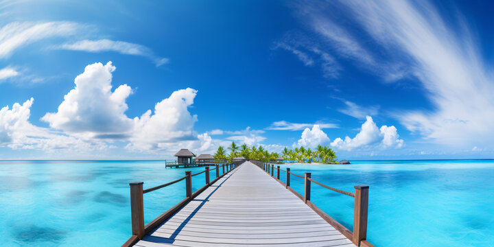 Palm trees and beach bar and long wooden pier pathway. Tropical vacation and summer holiday background concept.