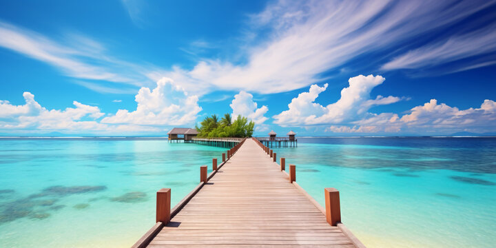Wooden pier to an island in ocean against blue sky with white clouds. Beautiful tropical landscape background, concept for summer travel and vacation.
