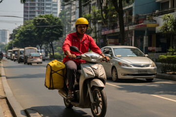 Asian man rides a scooter along the street of a metropolis