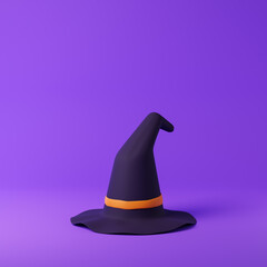 Witch hat isolated over purple background. Halloween concept. 3D rendering.