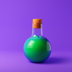 Bottle with green potion isolated over purple background. Halloween concept. 3D rendering.