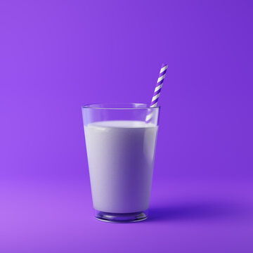 A glass of milk with a striped straw isolated over purple background. Dairy products concept. 3D rendering.