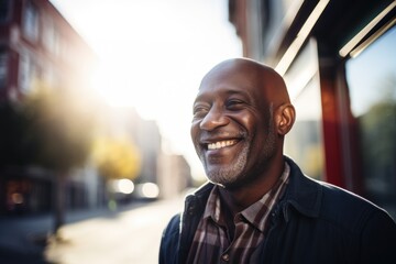 Mature black man smiling happy on city street