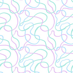 Fototapeta na wymiar Wavy Seamless cute squiggle Pattern. Seamless print of colorful abstract squiggles print, scribble spiral and wavy lines. Pastel Chaotic ink brush scribbles. Vector illustration.