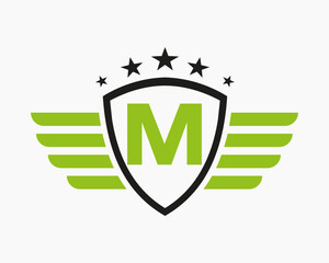 Initial Wing Logo On Letter M For Transportation Logo With Star Symbol