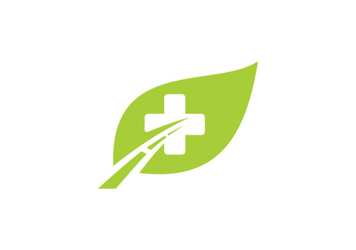 leaf road and cross logo design, simple modern health care symbol vector illustration
