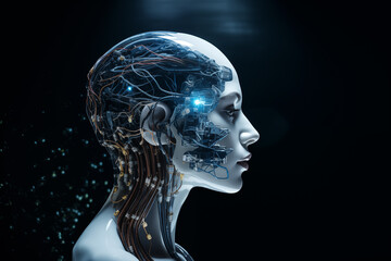 Obraz premium Beautiful female robot with artificial intelligence brain. Generative AI