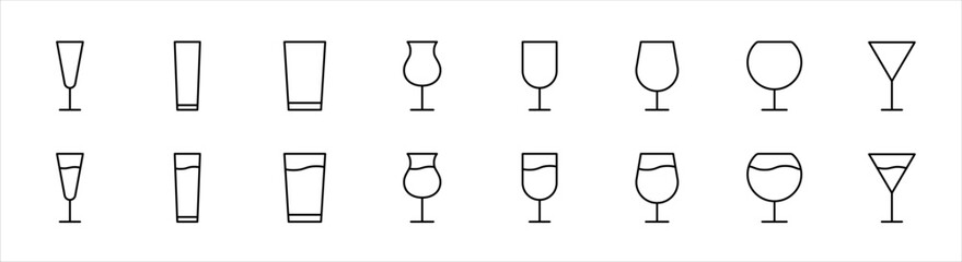 Wineglass icon set. Drink glasses line icon. Champagne glass. Wineglass icons. Editable stroke. Vector illustration. - obrazy, fototapety, plakaty