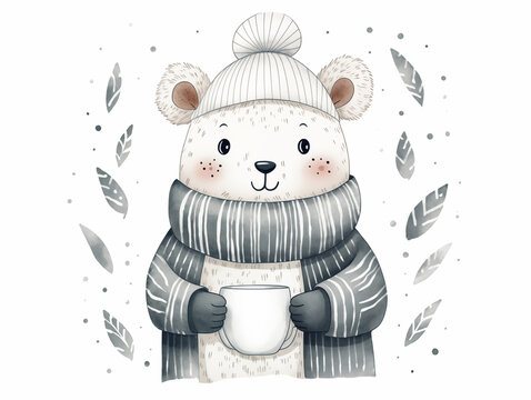 Cute illustration of mousy with cup on white background