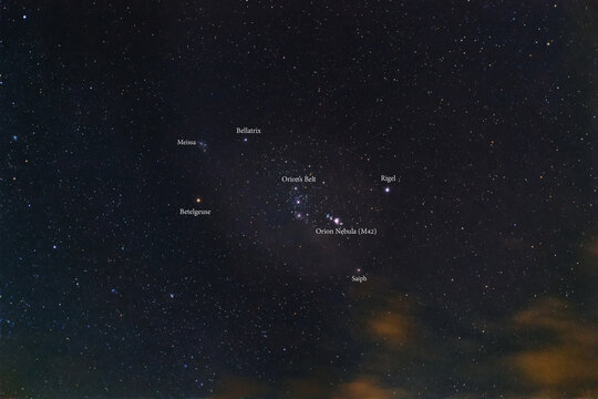 The Orion constellation with the names of basic stars and Nebula M42 against the starry sky.