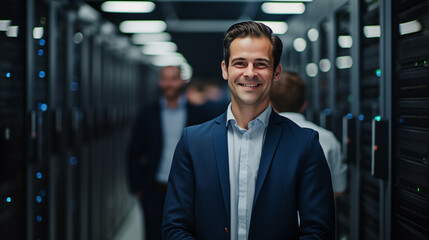 Happy smiling businessman standing inside server room. Generative AI