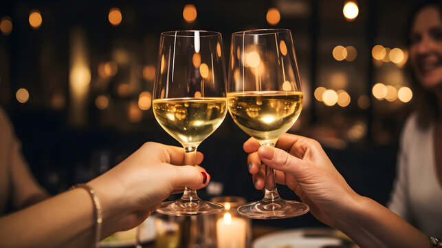 close up hands friends toasting white wine at dinner party in restaurant