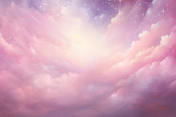 Dreamy pink sparkling cloudscape. Calm pink sky and clouds background with room for text copy.