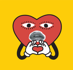 Halftone collage in contemporary punk grunge style. Modern vector poster with dotted elements - heart with face. Concept of relationship, love, romance, valentine day.