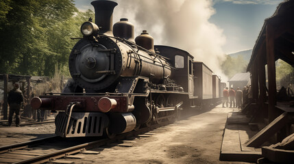 Steam engine locomotive train arrived at vintage station. Generative AI - obrazy, fototapety, plakaty