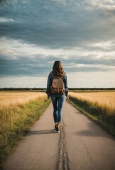 Obraz premium A girl with her back turned with a backpack on her back walks along an asphalt path in an open space on a clear day