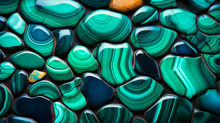 Polished gemstone surface, Turquoise and malachite, Nature's art with crystalline bands, - obrazy, fototapety, plakaty