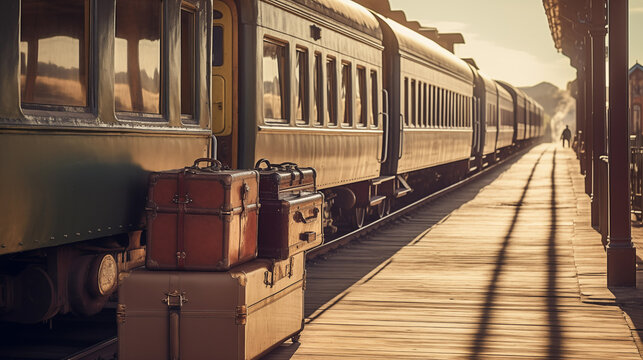 Vintage train arriving to platform with stack of luggage. Generative AI
