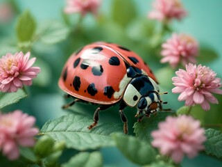 Fototapeta premium Ladybug on a flower in pastel colors and a complementary background color