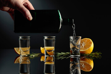 Gin with lemon and rosemary on a black reflective background.