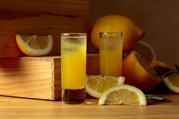 Traditional homemade lemon liqueur limoncello and fresh citrus.