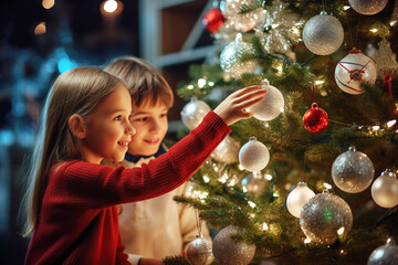 Happy boy and girl, brother and sister, decorate the Christmas tree