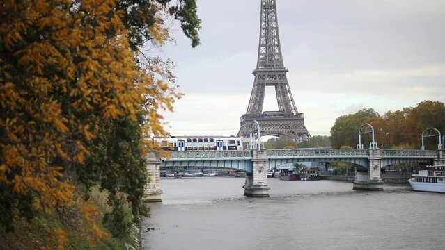 Scenic view to the Eiffel tower over the river Seine on a nice autumn day in Paris