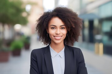 Portrait closeup of beautiful African businesswoman standing at outdoor city