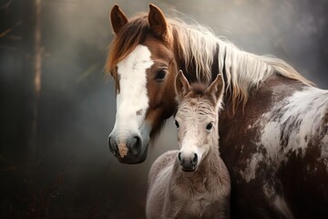 A small foal near its mother mare close-up on a blurred background - obrazy, fototapety, plakaty