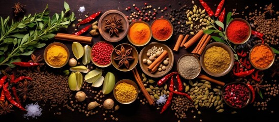 The intricate patterns found in nature like the vibrant hues of spices and seasonings in an Indian kitchen provide a captivating background for food photography highlighting the gourmet ing - obrazy, fototapety, plakaty