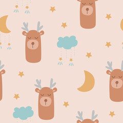 Seamless pattern with cartoon sleepping deer character, clouds, moon in scandinavian style. Boho illustration for textile, fabric, print design, wallpaper, gift paper. Vector