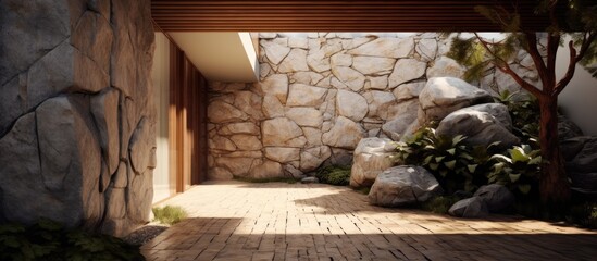 The natural background of the exterior design was enhanced with rough and scabrous rocks highlighting their unique texture as a prominent design element in the interior