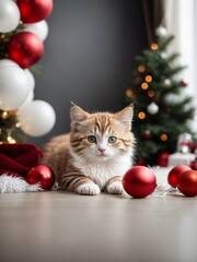 Cute kitten. Merry Christmas and Happy New Year decoration - balls, toys and gifts around. X-mas postcard