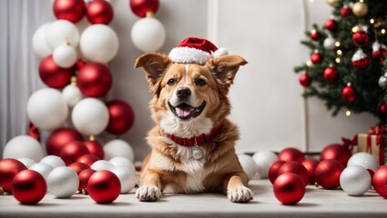 Cute dog wearing Santa Claus red hat near the Christmas tree. Merry Christmas and Happy New Year decoration - balls, toys and gifts around. X-mas postcard