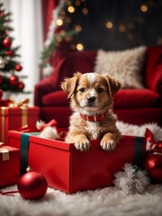 Fototapeta na wymiar Cute puppy sits in the box under the Christmas tree. Merry Christmas and Happy New Year decoration - balls, toys and gifts around. X-mas postcard