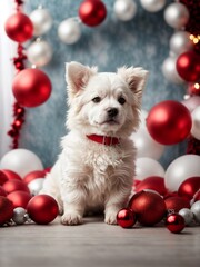 Cute white puppy around Merry Christmas and Happy New Year decoration around (balls, balloons and toys and gifts). New Year postcard