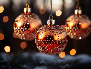 Beautiful Christmas baubles on blurred lights background, closeup.