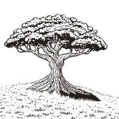 Linedrawing of a big tree on a grassy hill
