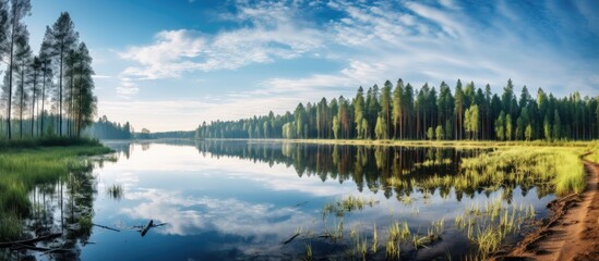 Fototapeta premium In the summer the beautiful landscape of Pleshchenitsy Belarus features stunning marshes lush forests and serene lakes and ponds all interconnected by the gentle flow of water allowing natur