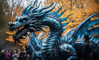 people tourists near the big blue dragon in the park, Chinese lunar calendar, festival of awakening the dragon bringing rain, Zhonghe blue dragon festival 