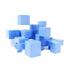 Set of blue geometric compositions, 3d render, isolated on transparent background. Generative AI