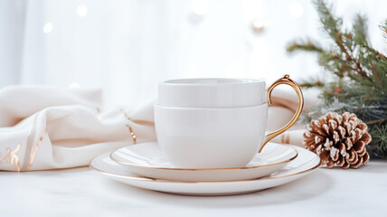 White porcelain cup and saucer on the background of Christmas decorations.
generativa IA