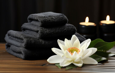 Obraz na płótnie Canvas water lillies lotus flowers with stack towels and black spa stones on wooden background
