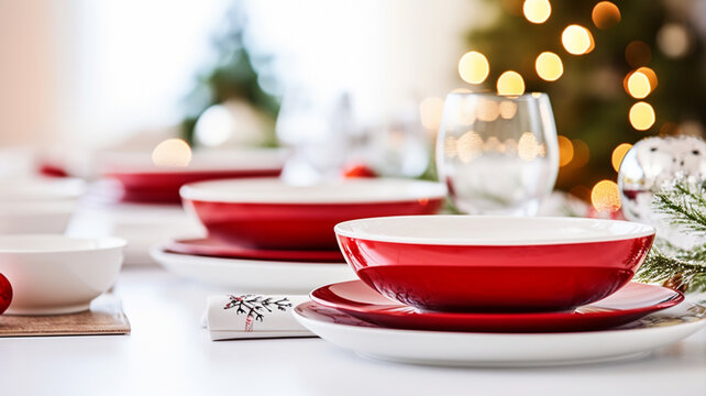 Christmas table setting with red and white plates, plates, cutlery
generativa IA