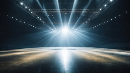 An empty theater stage illuminated by spotlights and smoke before a performance. Art concept.