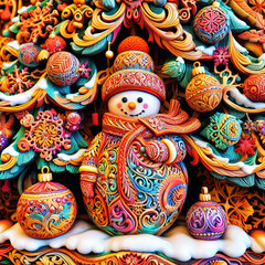 fantasy illustration of merry Christmas background with Santa Claus, snowman and Christmas tree