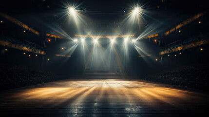 An empty theater stage illuminated by spotlights and smoke before a performance. Art concept.